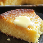 a slice of cornbread with a moist and tender texture, featuring a golden-brown crust that is slightly darker and caramelized at the top edges, indicating a well-baked finish