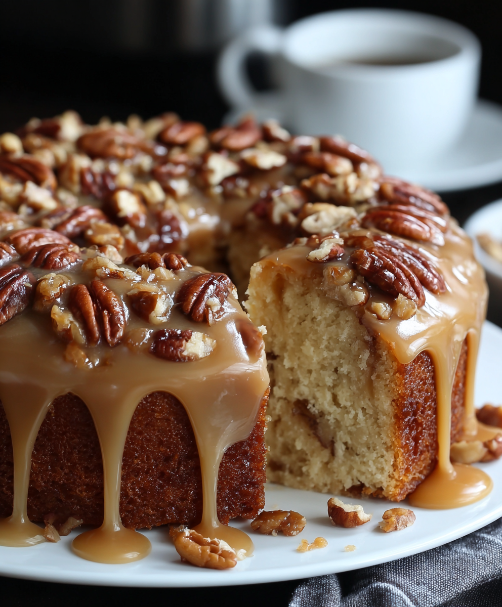 Apple Pecan Cake, Caramel Glaze