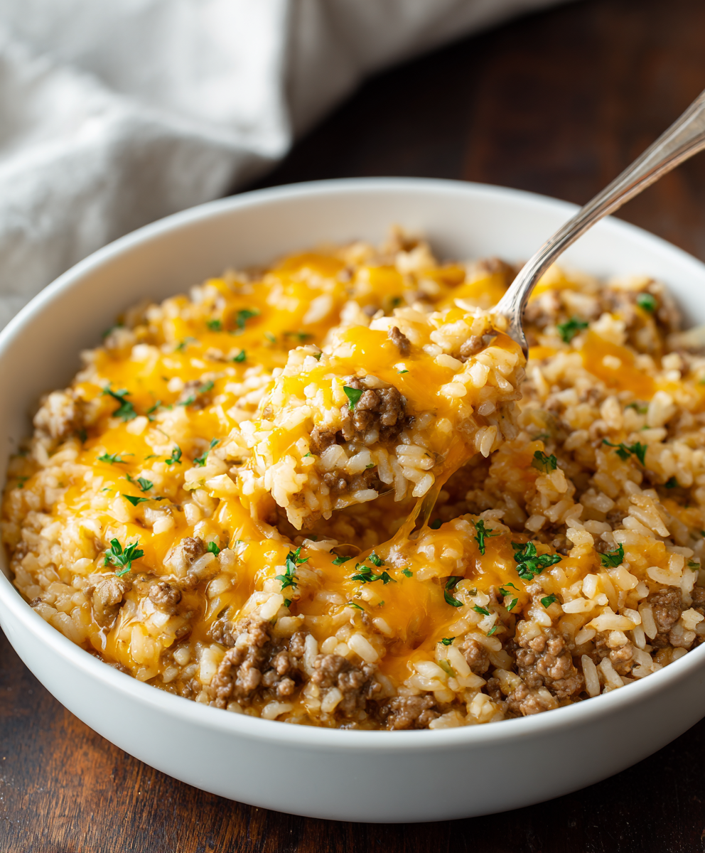 Cheddar Ground Beef Rice Casserole