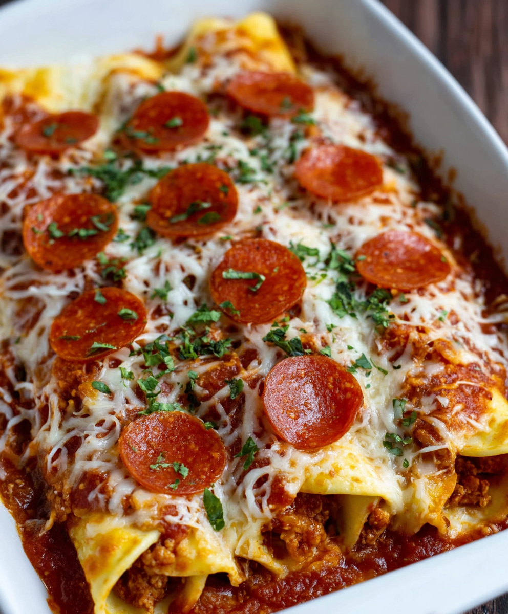 Cheesy Pepperoni Beef Pizza Enchiladas