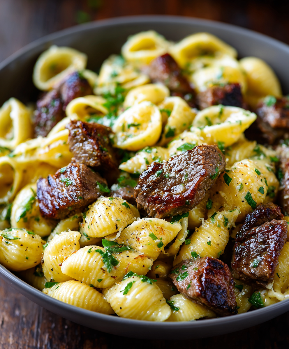 Steak Bites and Shells Garlic Butter Alfredo