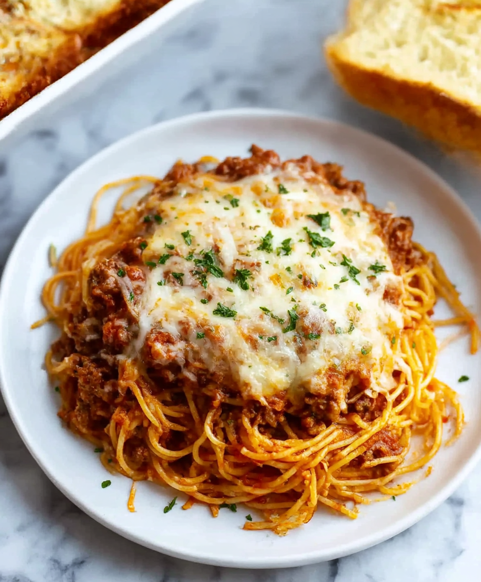 Cheesy Oven Baked Beef Spaghetti