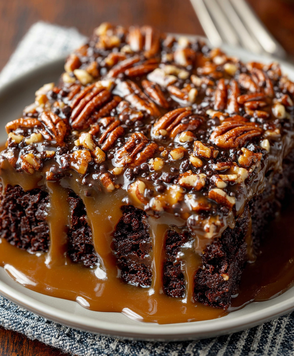 Chocolate Caramel Turtle Poke Cake